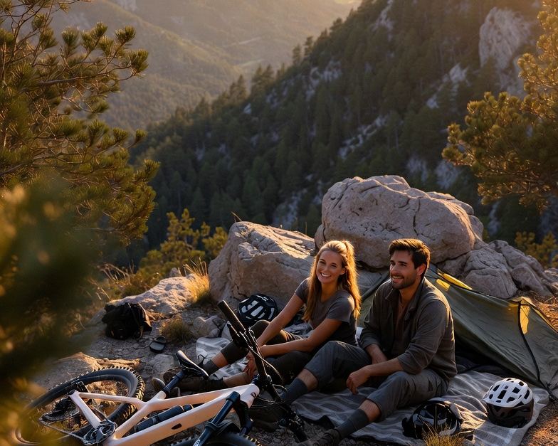 Deux cyclistes au repos face à un panorama de montagne au coucher du soleil