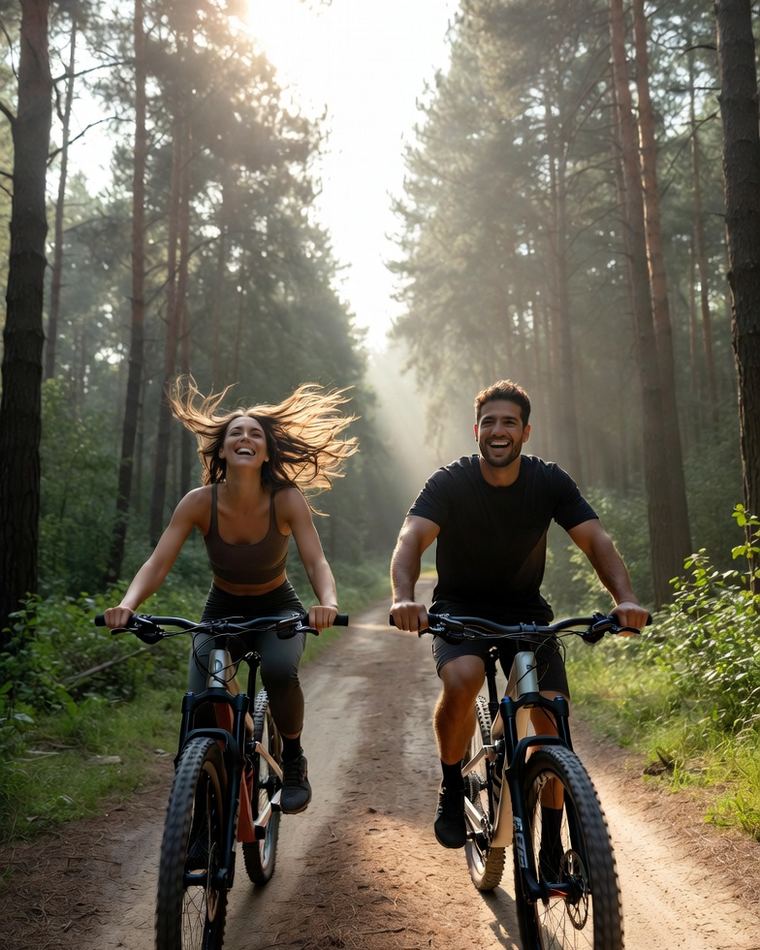 Deux cyclistes souriants sur un chemin forestier ensoleillé