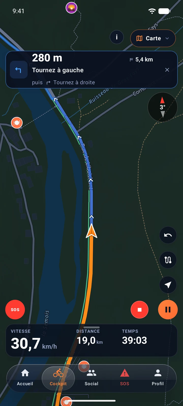 Mode Carte : le parcours guidé en plein écran, avec la vitesse, la distance et le temps